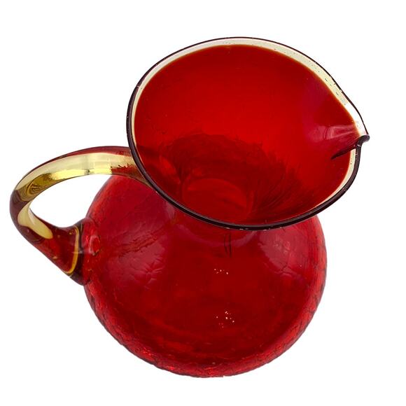 Vintage Rainbow Glass PITCHER Handblown Red Crackle Glass Yellow Handle VGC - Picture 7 of 12